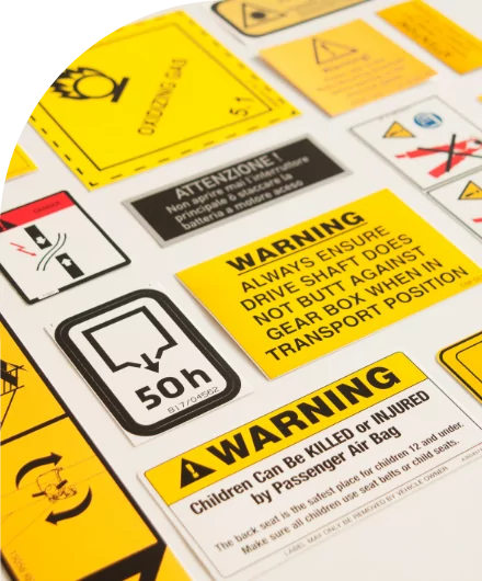 A variety of labels are shown on a white background.