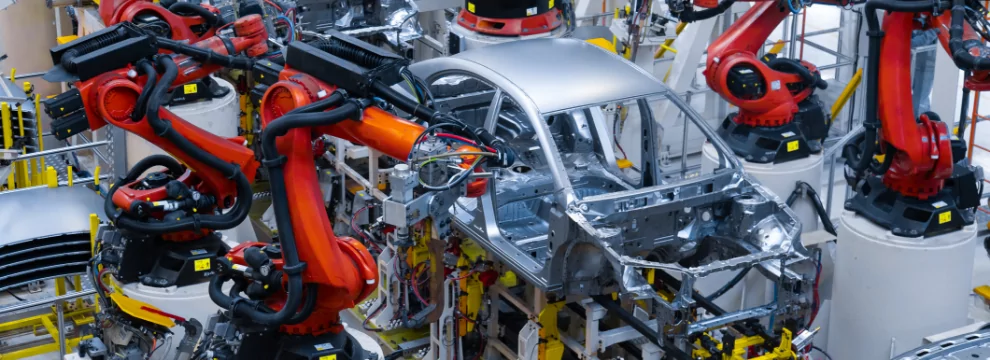 A factory with robots applying custom decals on a car.