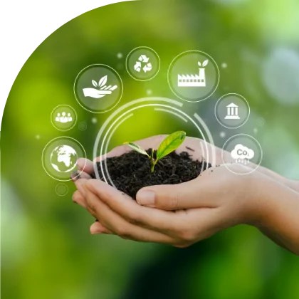 A hand holding a plant with green icons around it.