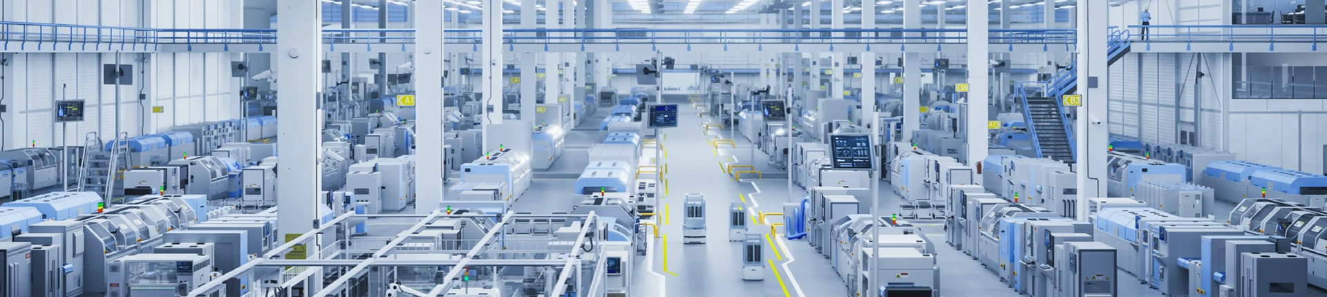 Large, well-lit modern factory floor with numerous machines and equipment arranged in organized rows, and automated carts moving along defined paths.
