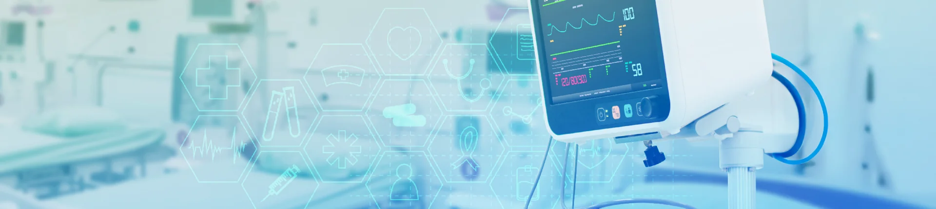 A medical monitor displays vital signs in a hospital room, with digital healthcare icons overlaid on the image.