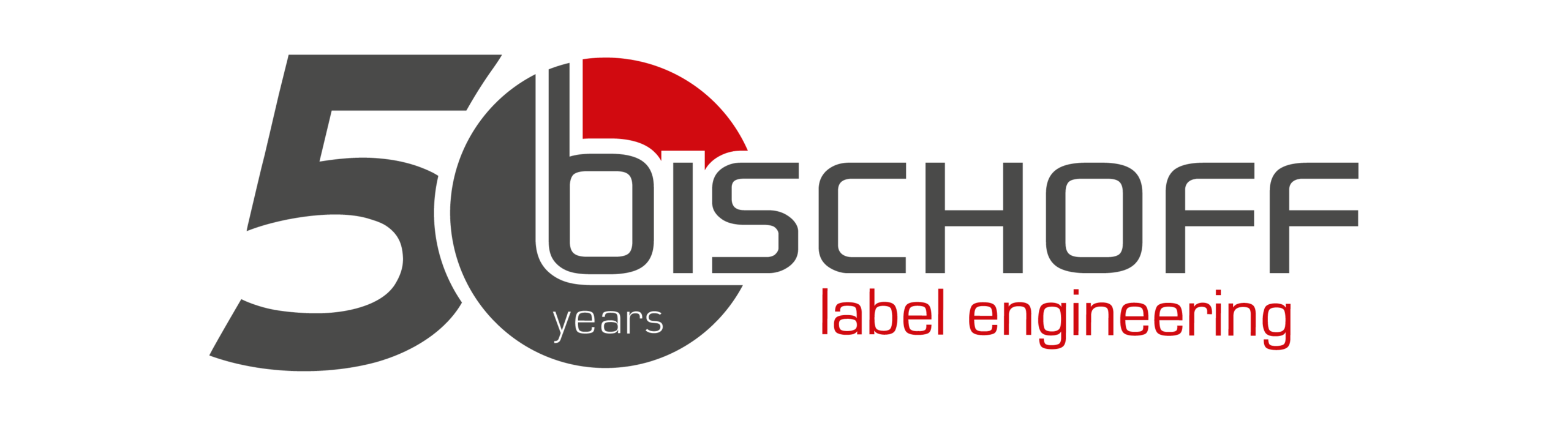 Logo zum 50-jährigen Jubiläum von Bischoff mit dem Slogan „label engineering“; die Zahl 50 ist mit roten und grauen Schriftzügen und grafischen Elementen stilisiert.